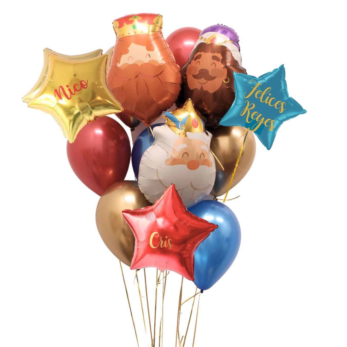 Bouquet Cabezas Reyes Magos con Tres estrellas personalizadas y Globos de látex